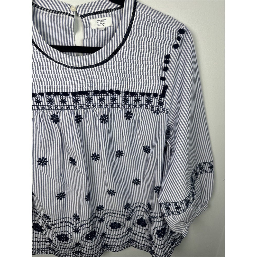 Crown & Ivy Large Womens Top Peasant 3/4 Sleeve Blue Stripe Embroidered Boho - Picture 9 of 16